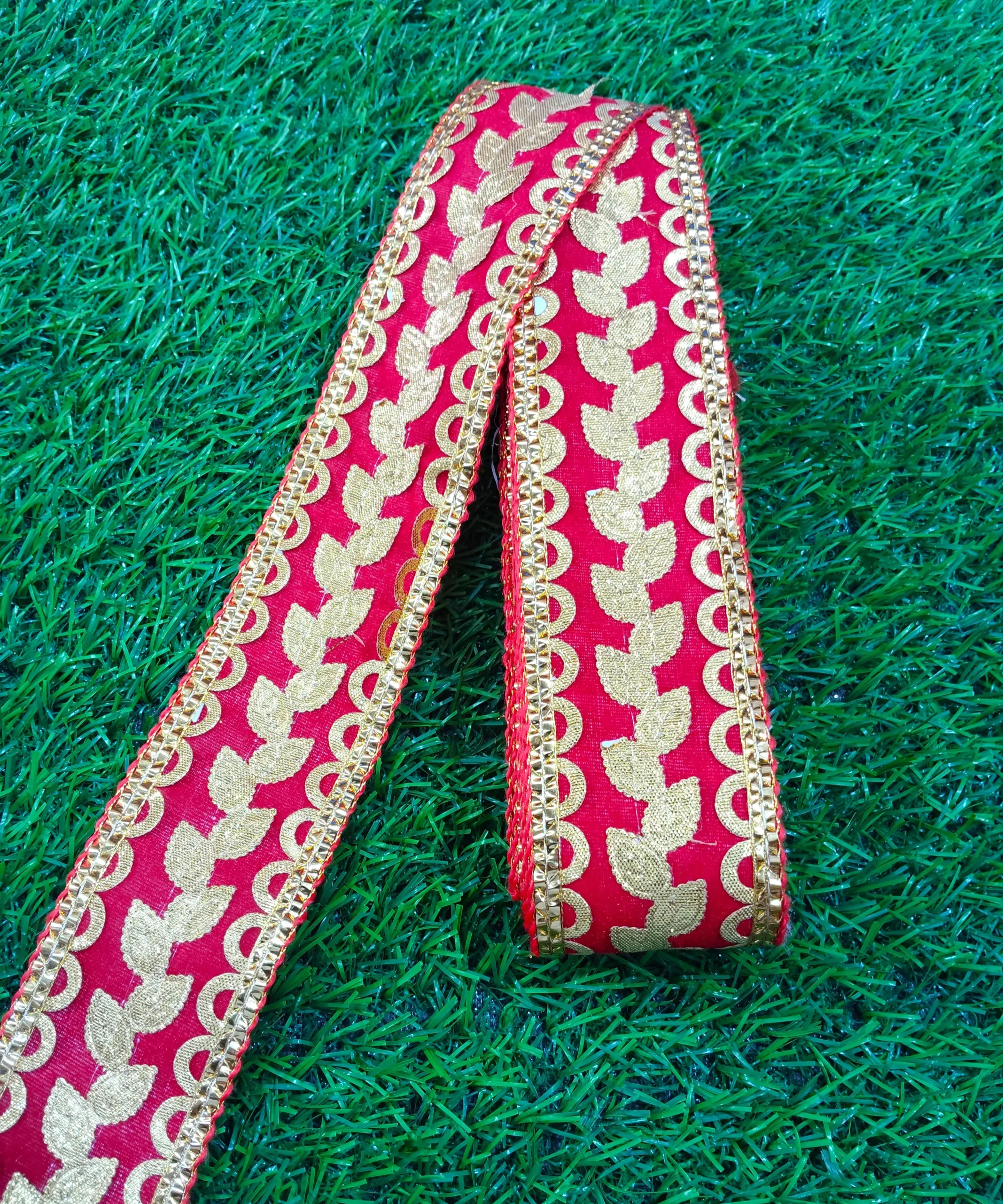 9 Meter Red leaf Design Lace Trendy Red Golden Lace red Leaf design lace